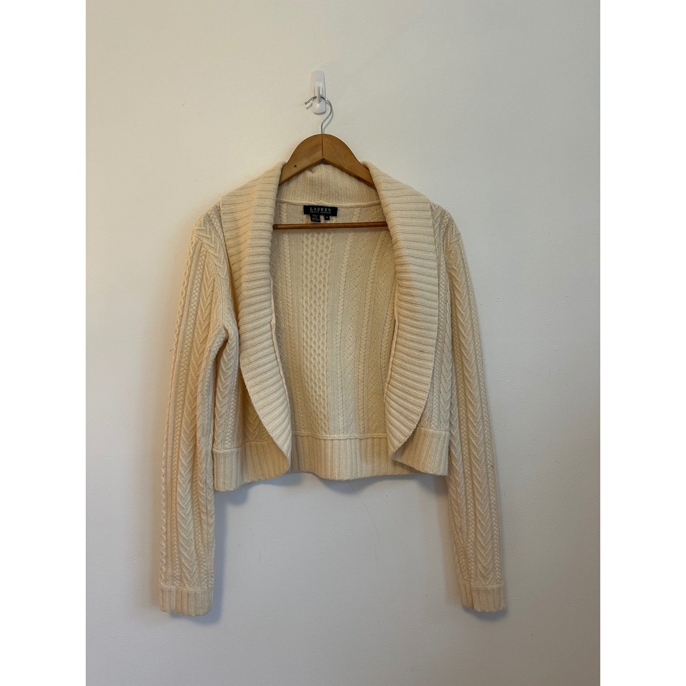 Lauren Ralph Lauren Ivory Cable Knit Lambswool Shawl Cardigan Sweater | Medium